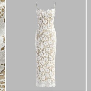 Commense White Lace Maxi Dress Lace-Up Back Semi Sheer Size Medium NWT